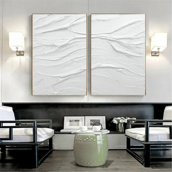 Set of 2 White Plaster Art Textured Painting Original Minimalistic