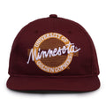 Minnesota Retro Circle snapback hat in maroon, front view
