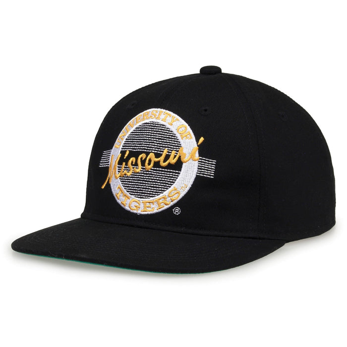 Missouri Retro Circle snapback hat in black, angled view