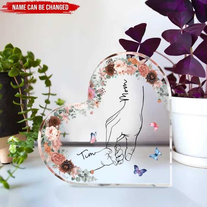 Mom And Kid Hands Flower - Personalized Heart Acrylic Plaque, Custom Mother's Day Gifts From Kids - AP28