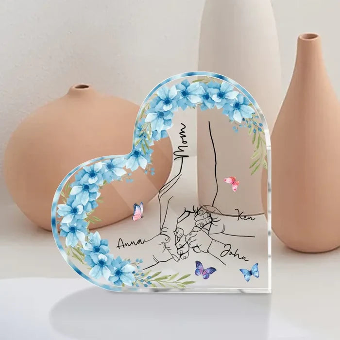 Mom And Kid Hands Flower - Personalized Heart Acrylic Plaque, Custom Mother's Day Gifts From Kids - AP28