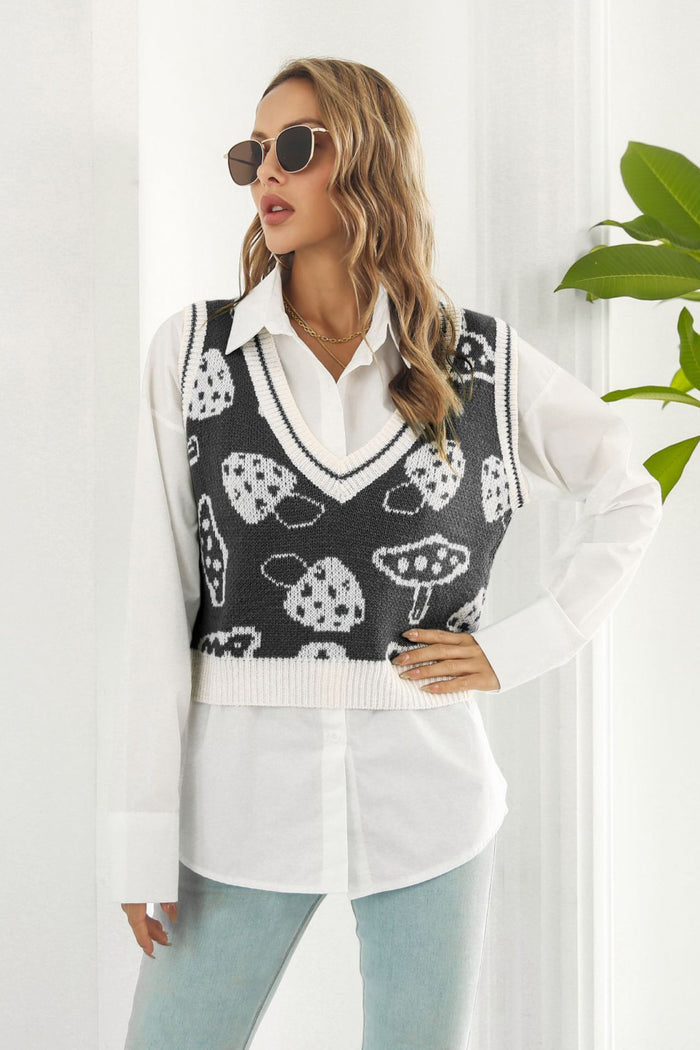 Mushroom Print V-Neck Cropped Sweater Vest