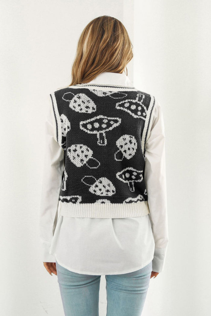 Mushroom Print V-Neck Cropped Sweater Vest