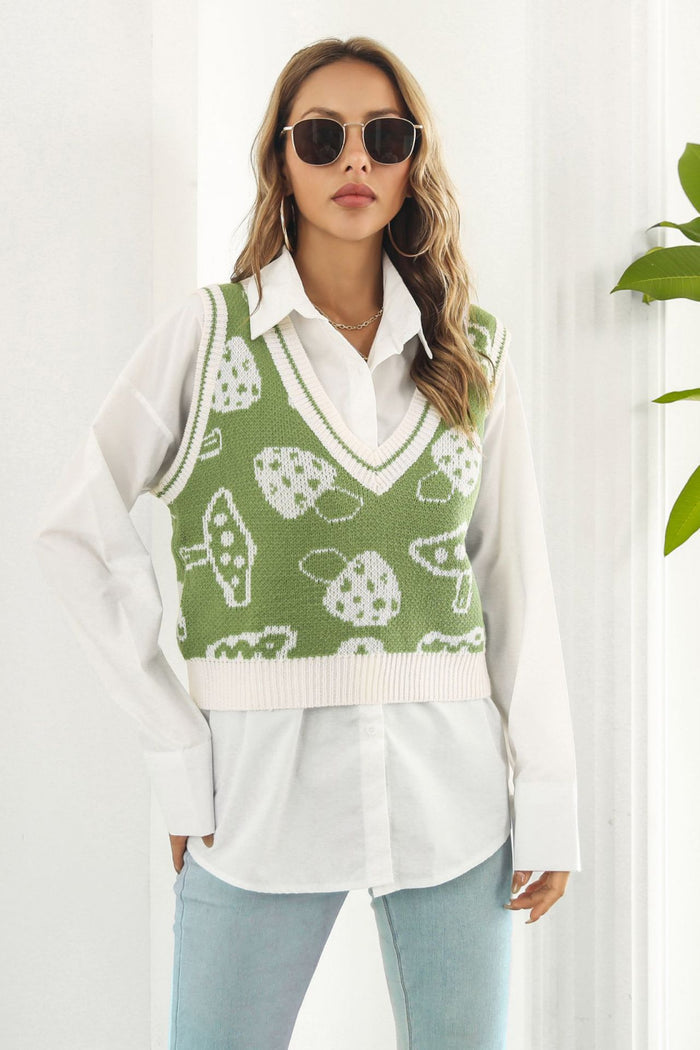 Mushroom Print V-Neck Cropped Sweater Vest