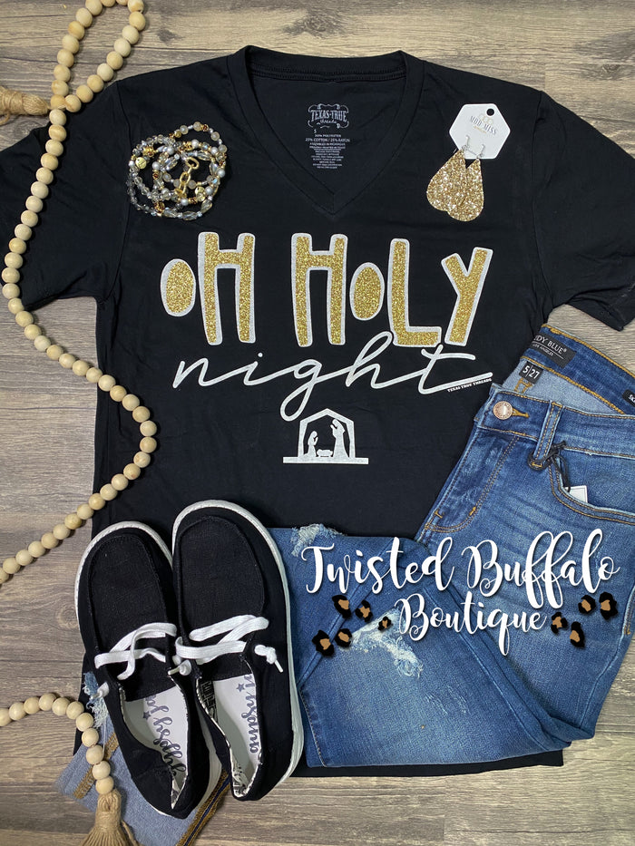 Nativity {OH HOLY NIGHT} Nativity Gold Glitter Black V-Neck Tee