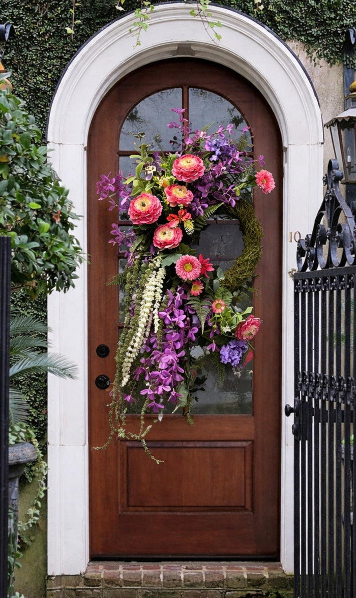 Natural Moss Floral Wreath Pink and Orange Ranunculus, Purple Stems, Green Moss