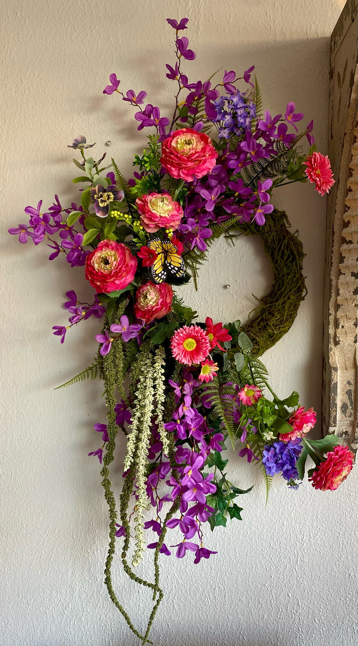 Natural Moss Floral Wreath Pink and Orange Ranunculus, Purple Stems, Green Moss