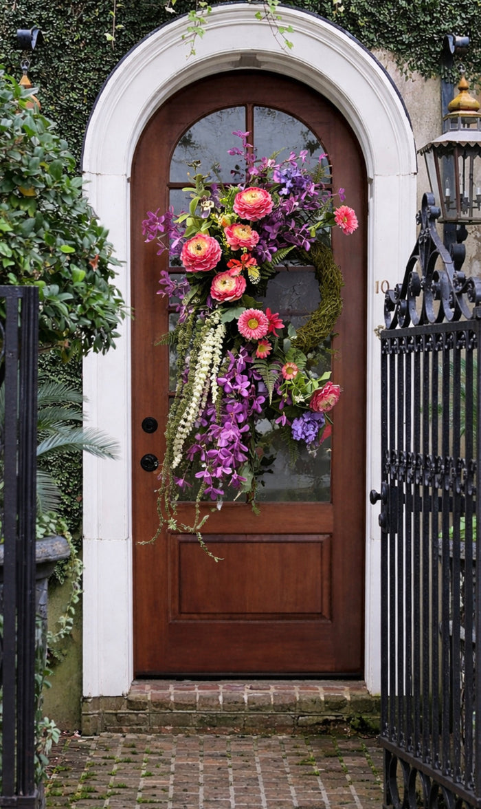 Natural Moss Floral Wreath Pink and Orange Ranunculus, Purple Stems, Green Moss