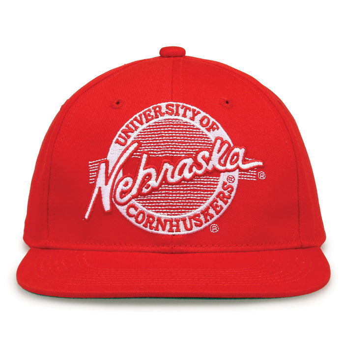Nebraska Retro Circle snapback hat in red, front view