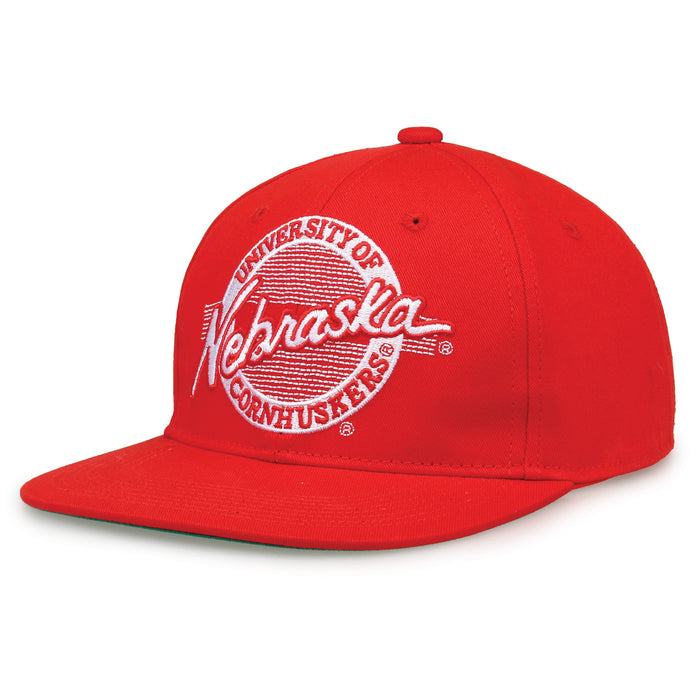 Nebraska Retro Circle snapback hat in red, angled view