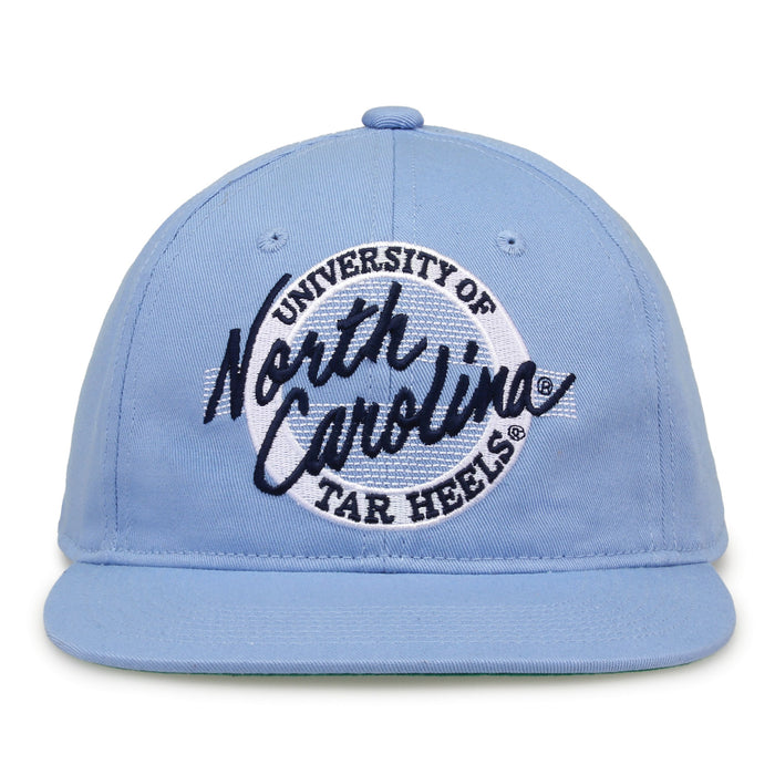 North Carolina Retro Circle snapback hat in light blue, front view