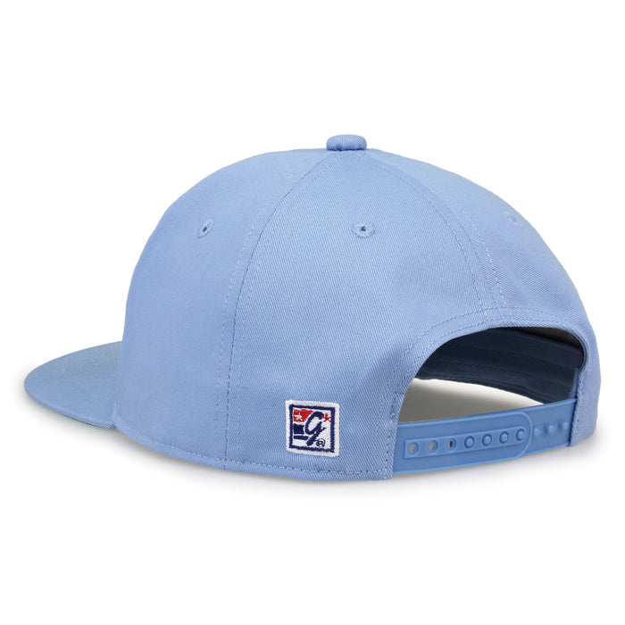 North Carolina Retro Circle snapback hat in light blue, rear view showing the adjustable snap closure