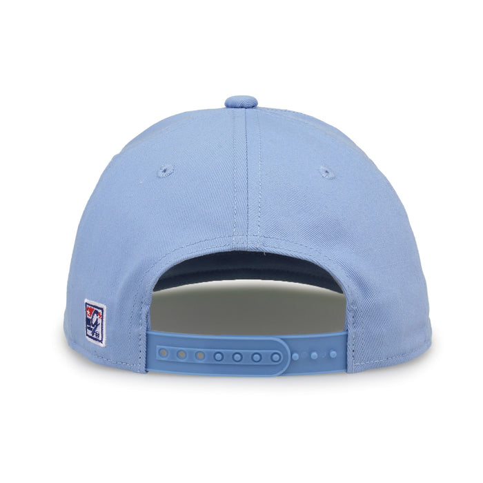North Carolina Retro Circle snapback hat in light blue, straight rear view showing the adjustable snap closure