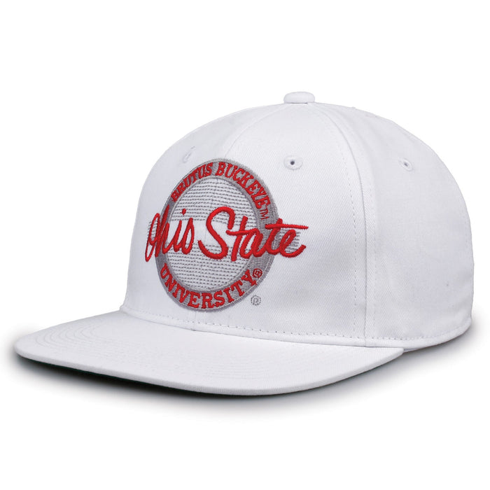 Ohio State Retro Circle snapback hat in white, angled view