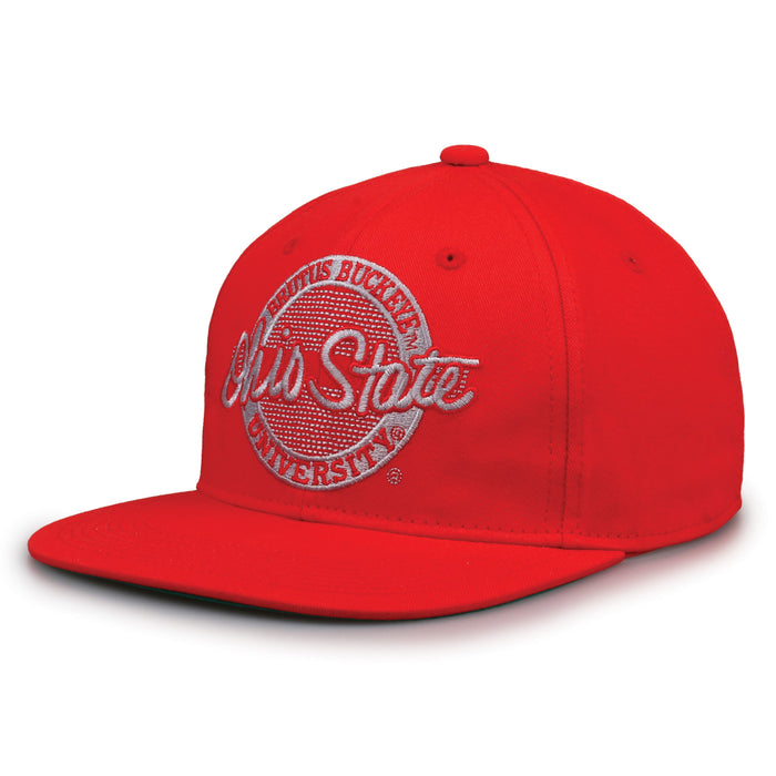 Ohio State Retro Circle snapback hat in red, angled view