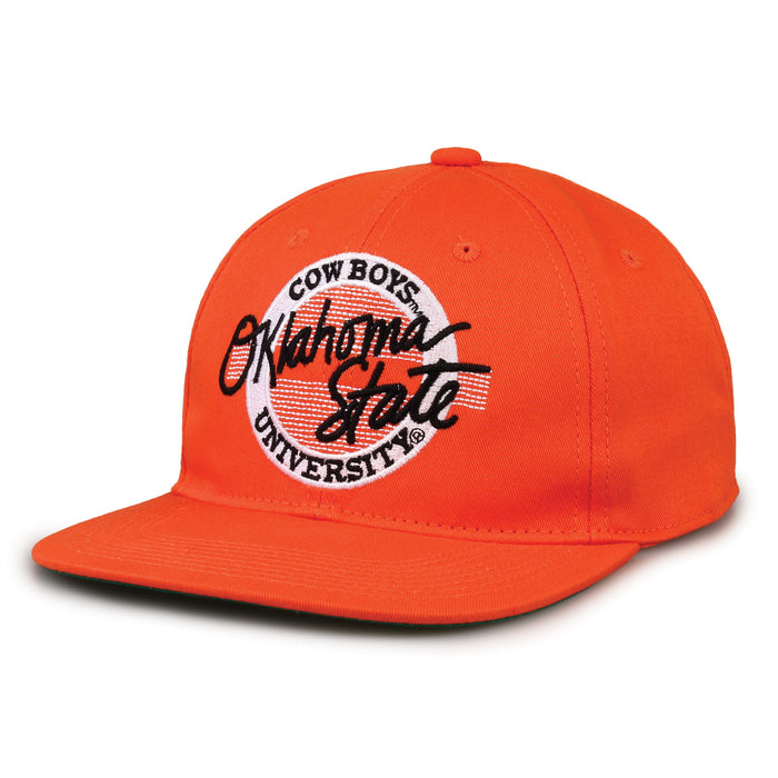 Oklahoma State Retro Circle snapback hat in orange, angled view