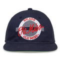 Ole Miss Retro Circle snapback hat in navy, front view