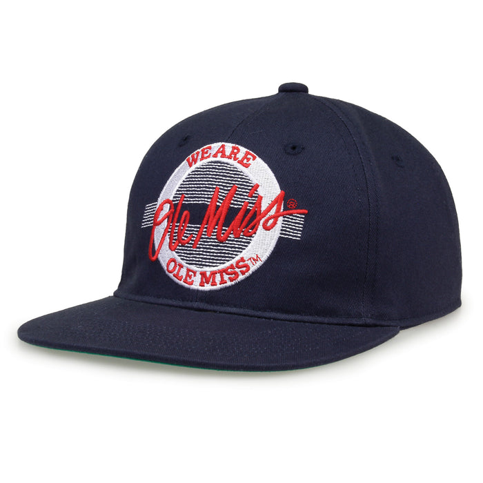 Ole Miss Retro Circle snapback hat in navy, angled view
