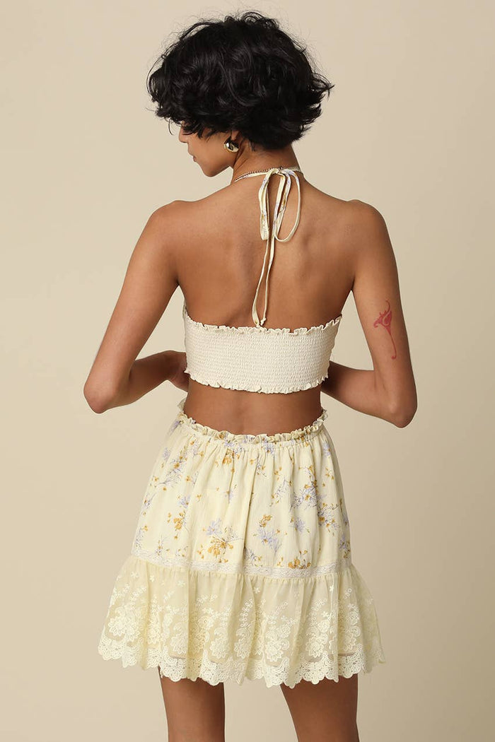Olivaceous - Evelyn Butter Floral Halter Mini Dress
