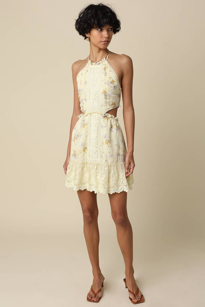 Olivaceous - Evelyn Butter Floral Halter Mini Dress