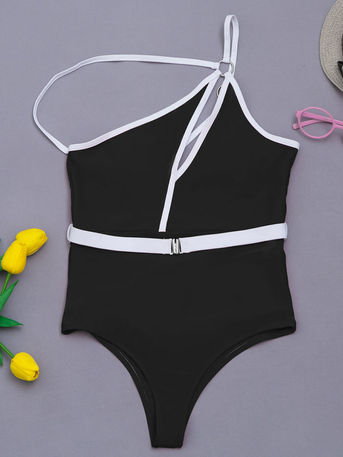 One-Shoulder Cutout One-Piece Swimsuit | Contrast Strap Backless Swimwear
