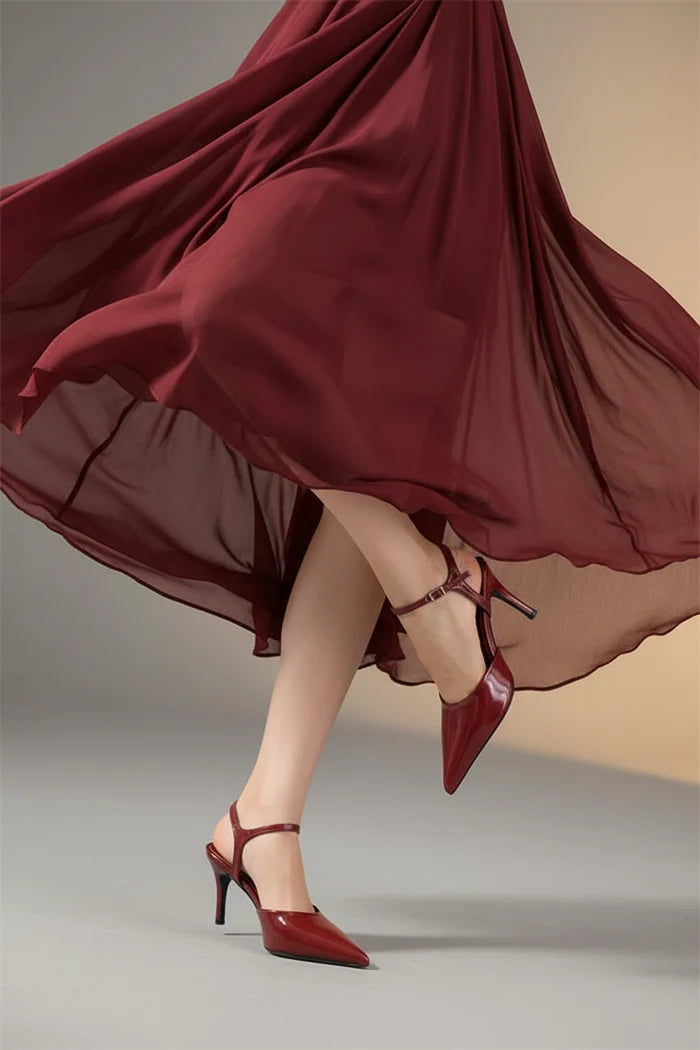 Patent Leather Pointed-Toe Slingback Pumps | Buckle Ankle Strap Stiletto Heels