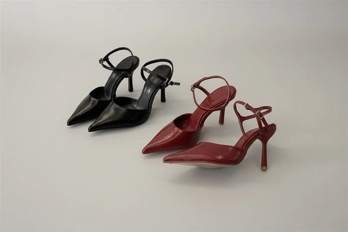 Patent Leather Pointed-Toe Slingback Pumps | Buckle Ankle Strap Stiletto Heels