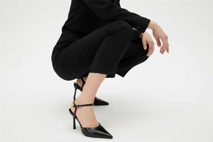 Patent Leather Pointed-Toe Slingback Pumps | Buckle Ankle Strap Stiletto Heels