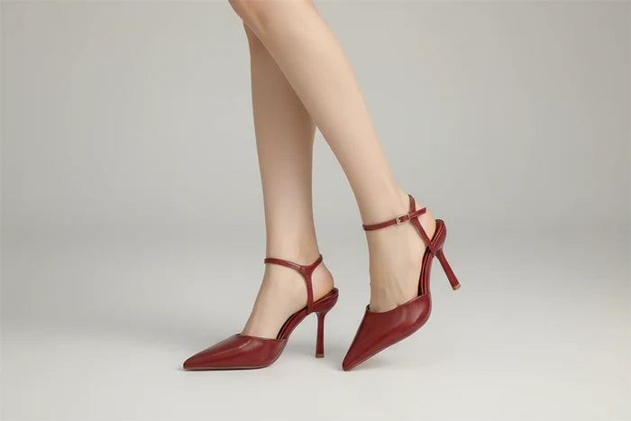 Patent Leather Pointed-Toe Slingback Pumps | Buckle Ankle Strap Stiletto Heels