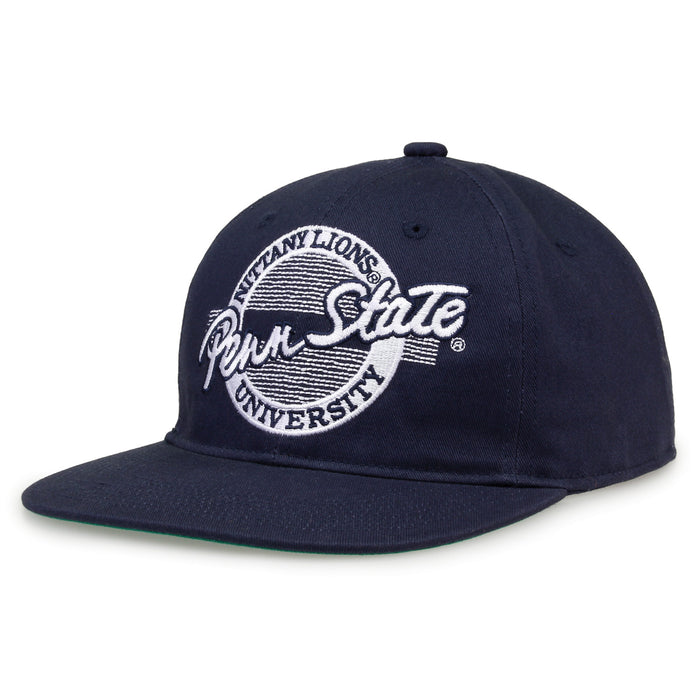 Penn State Retro Circle snapback hat in navy, angled view
