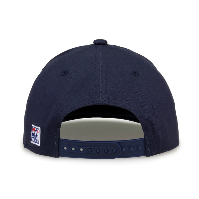 Penn State Retro Circle snapback hat in navy, straight rear view showing the adjustable snap closure