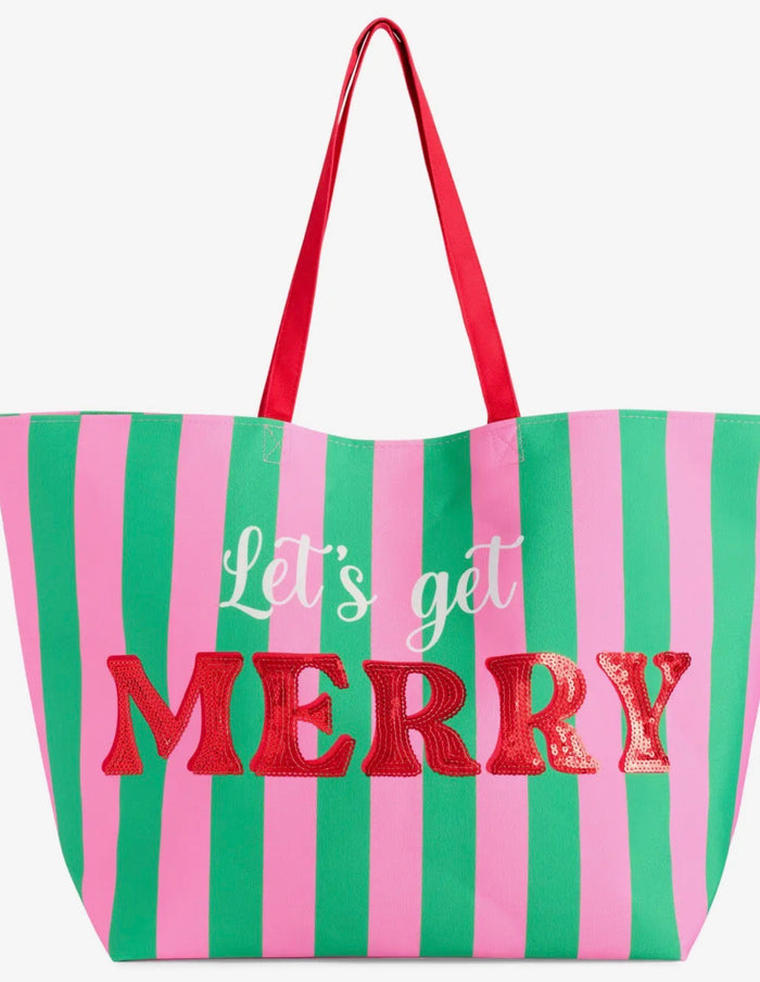 Pink, Green, and Red Stripe Tote Let’s Get Merry