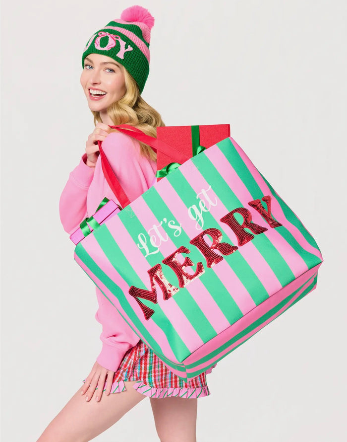 Pink, Green, and Red Stripe Tote Let’s Get Merry