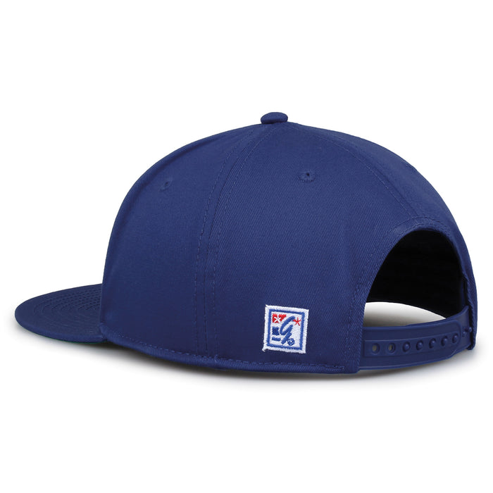 Pittsburgh Retro Circle snapback hat in royal blue, rear view showing the adjustable snap closure
