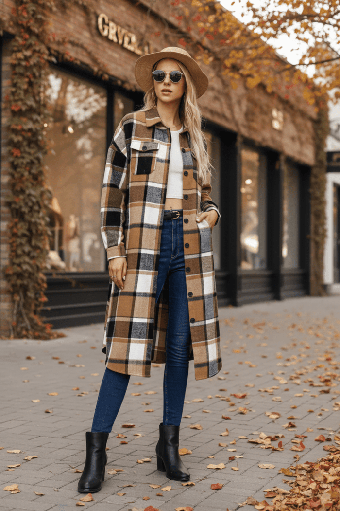 Plaid Pocketed Button Up Trench Coat - The PM Edit