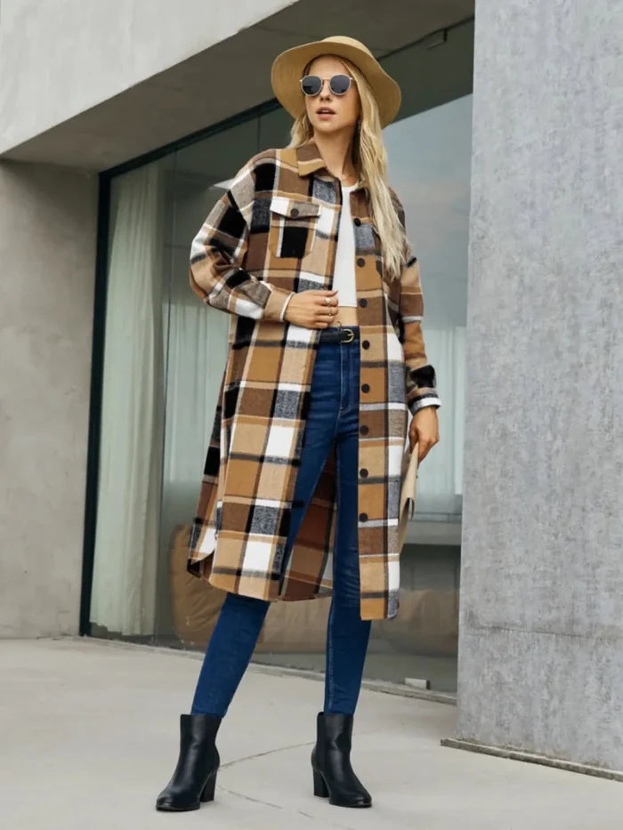 Plaid Pocketed Button Up Trench Coat - The PM Edit