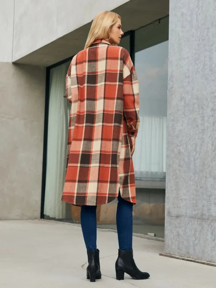 Plaid Pocketed Button Up Trench Coat - The PM Edit