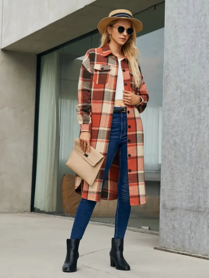 Plaid Pocketed Button Up Trench Coat - The PM Edit