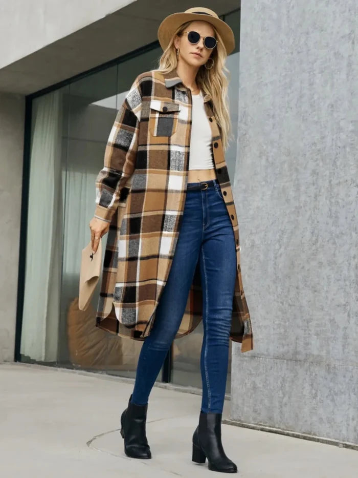Plaid Pocketed Button Up Trench Coat - The PM Edit