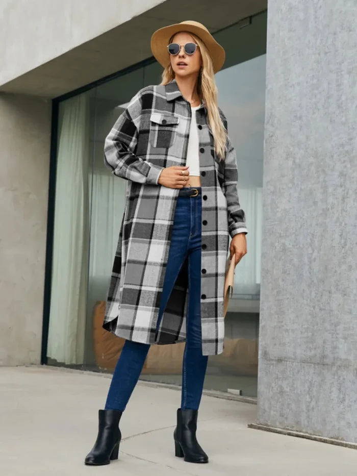 Plaid Pocketed Button Up Trench Coat - The PM Edit