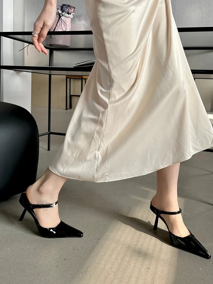 Pointed-Toe Strappy Slip-On Heels