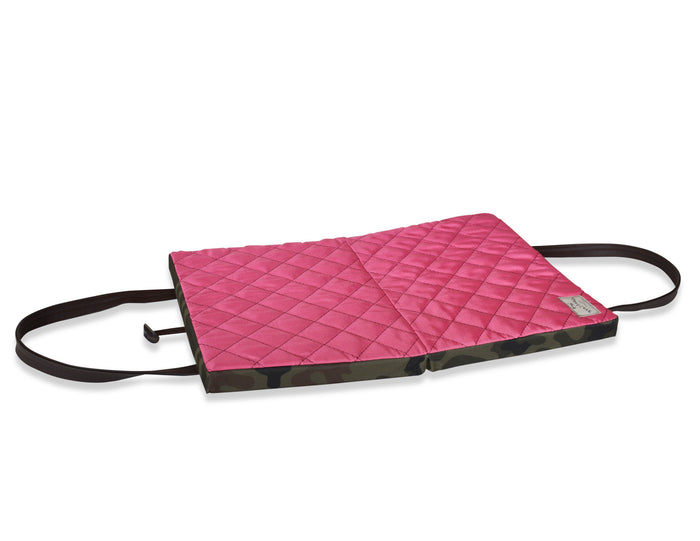 KONA CAVE® Luxury Travel Dog Bed for restaurants. Thick, folded, portable dog mat with vegan leather shoulder straps. Camouflage nylon with pink nylon lining.
