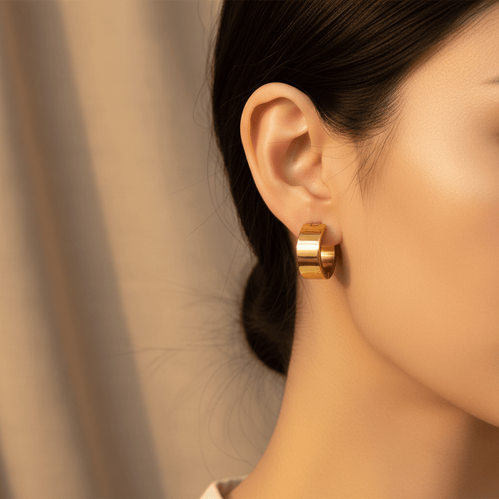 Wide Band Gold Huggie Hoop Earrings | Waterproof Stainless Steel Minimalist Jewelry - The PM Edit