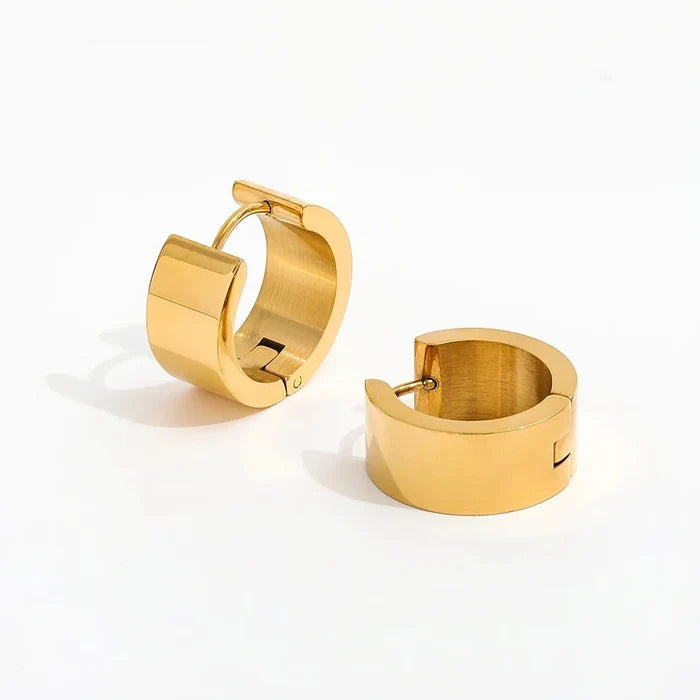 Wide Band Gold Huggie Hoop Earrings | Waterproof Stainless Steel Minimalist Jewelry - The PM Edit