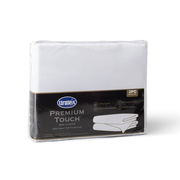 Packaging of the Premium Touch Bed Linens 3 Piece Fitted Sheet Set in white