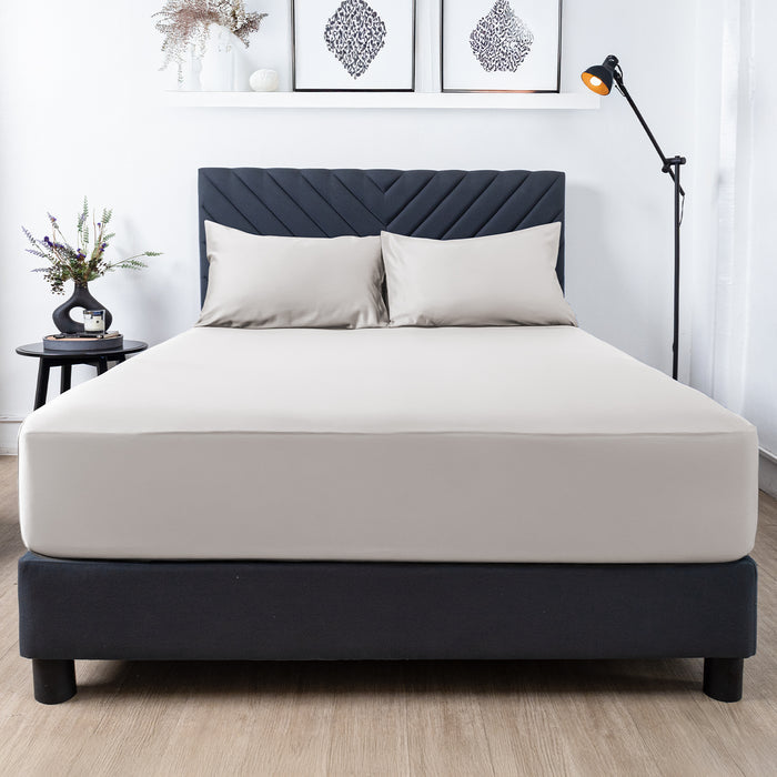 Premium Touch Bed Linens 3 Piece Fitted Sheet Set in gray, shown in a room setting