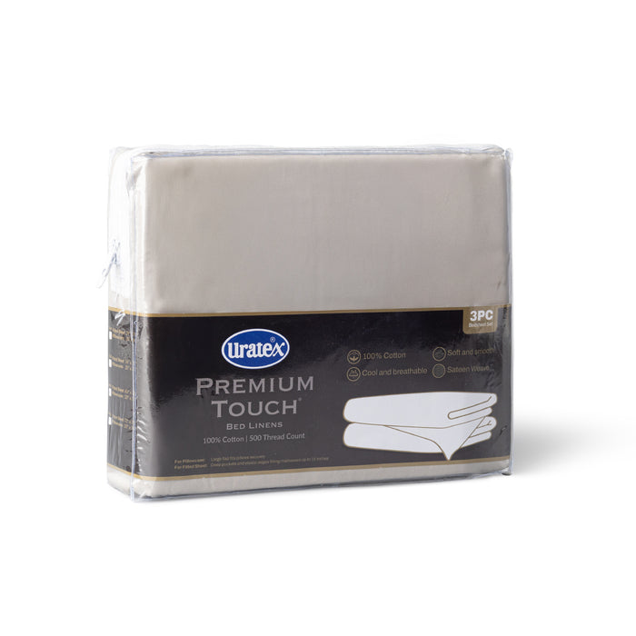 Packaging of the Premium Touch Bed Linens 3 Piece Fitted Sheet Set in gray