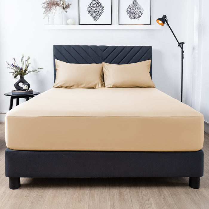 Premium Touch Bed Linens 3 Piece Fitted Sheet Set in brown, shown in a room setting
