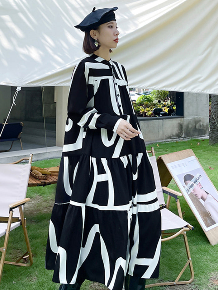 Printed Oversized Midi Dress — Stand Neck Long Sleeve