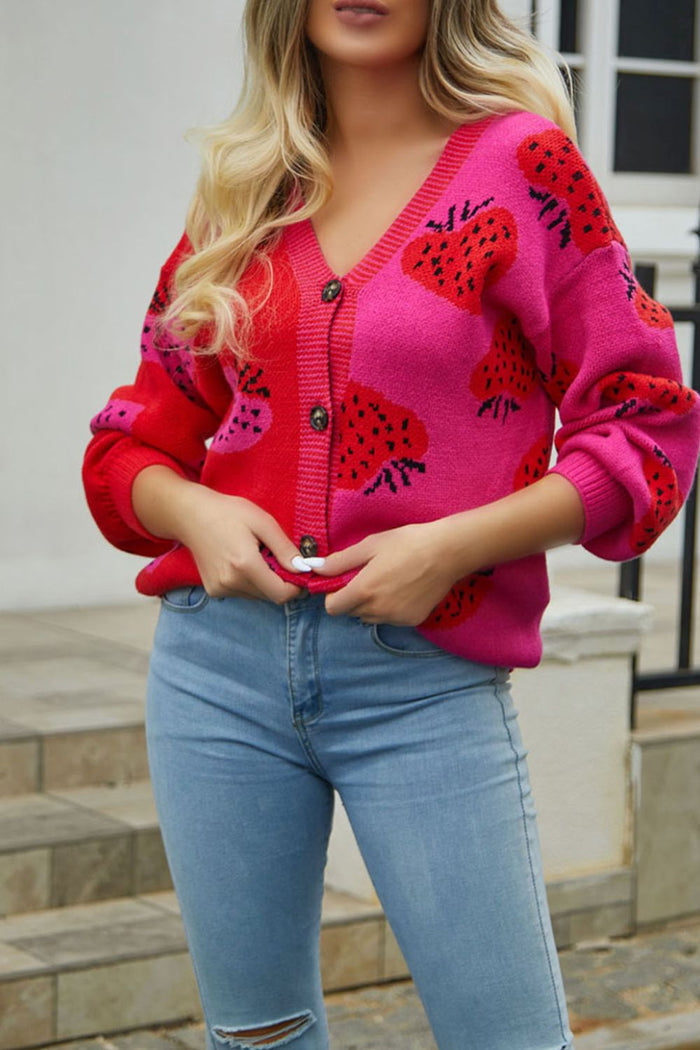 Printed V-Neck Button-Down Cardigan